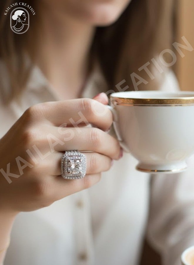 Kailash Creation American Diamond AD Adjustable Ring for Women and Girls Stylish | Cushion Cut Double Halo Silver_Finish Finger Ring | Stylish Jewellery Gift for Girls & Women | Birthday, Anniversary & Valentine Gift - Image 4