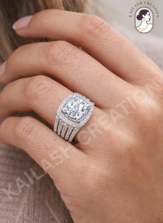 Kailash Creation American Diamond AD Adjustable Ring for Women and Girls Stylish | Cushion Cut Double Halo Silver_Finish Finger Ring | Stylish Jewellery Gift for Girls & Women | Birthday, Anniversary & Valentine Gift - Image 2