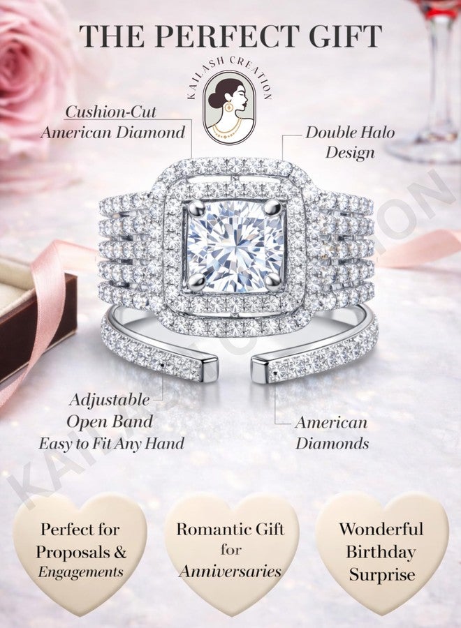 Kailash Creation American Diamond AD Adjustable Ring for Women and Girls Stylish | Cushion Cut Double Halo Silver_Finish Finger Ring | Stylish Jewellery Gift for Girls & Women | Birthday, Anniversary & Valentine Gift - Image 3