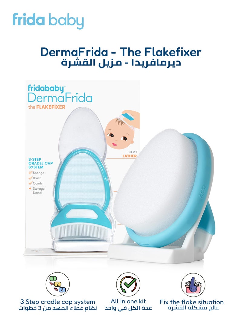 fridababy DermaFrida 3-Step FlakeFixer Cradle Cap System | Lather | Loosen | Lift | Soft Sponge, Gentle Brush & Comb | Fix Cradle Cap | For Newborns | Easy to Use | Blue/White - Image 1