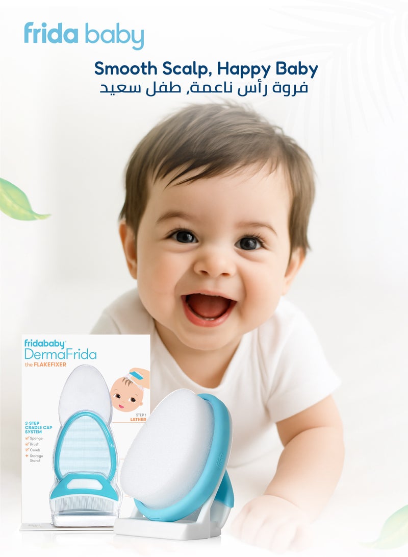 fridababy DermaFrida 3-Step FlakeFixer Cradle Cap System | Lather | Loosen | Lift | Soft Sponge, Gentle Brush & Comb | Fix Cradle Cap | For Newborns | Easy to Use | Blue/White - Image 4