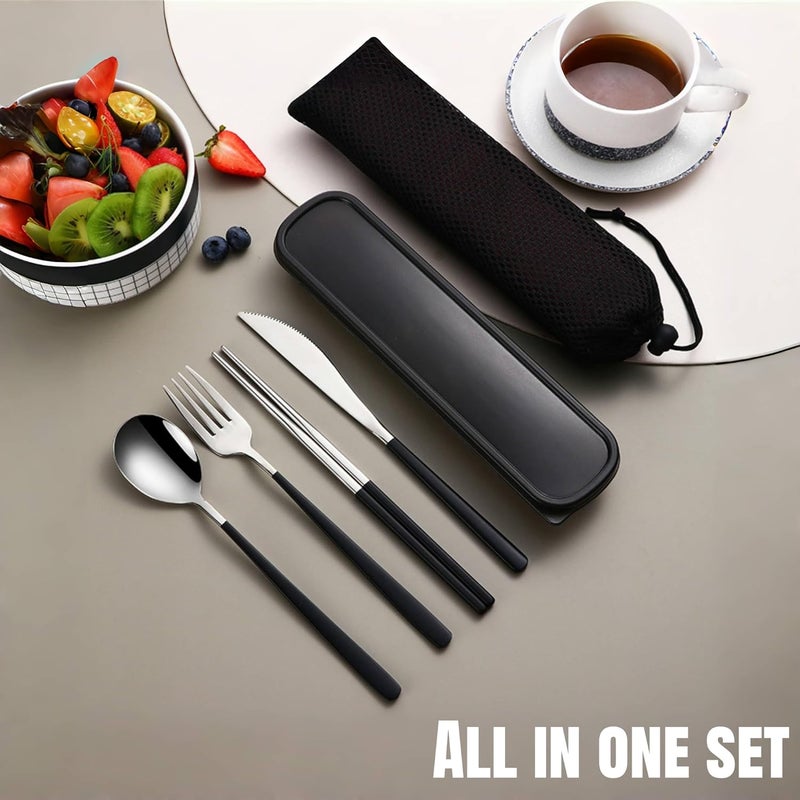 JDLYEVER Reusable Utensils with Case, Stainless Steel Travel Cutlery Set Including Knife, Fork, Spoon & Chopsticks, Portable Utensil Set for Lunch Boxes, Office, Picnics & Dining, Mirror Polished - Image 2