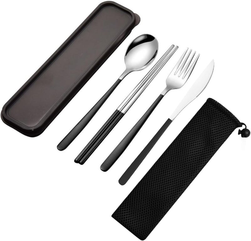 JDLYEVER Reusable Utensils with Case, Stainless Steel Travel Cutlery Set Including Knife, Fork, Spoon & Chopsticks, Portable Utensil Set for Lunch Boxes, Office, Picnics & Dining, Mirror Polished - Image 1