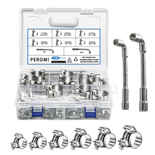 PEROMI T-bolt Hose Clamps, PEROMI 28pcs 6 Size Heavy Duty Radiator Hose Clamps Assortment Kit-Size Range 17-35mm, 304 Stainless Steel Pipe Tube Clamps - Image 1