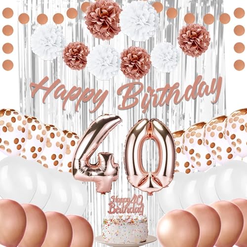 EPIQUEONE Rose Gold 40th Birthday Decoration Kit 41Piece Rose Gold Includes Happy Birthday Banner Cake Topper 40 Number Balloons Tissue Pom Poms for Bridal Baby Shower Decoration - Image 1