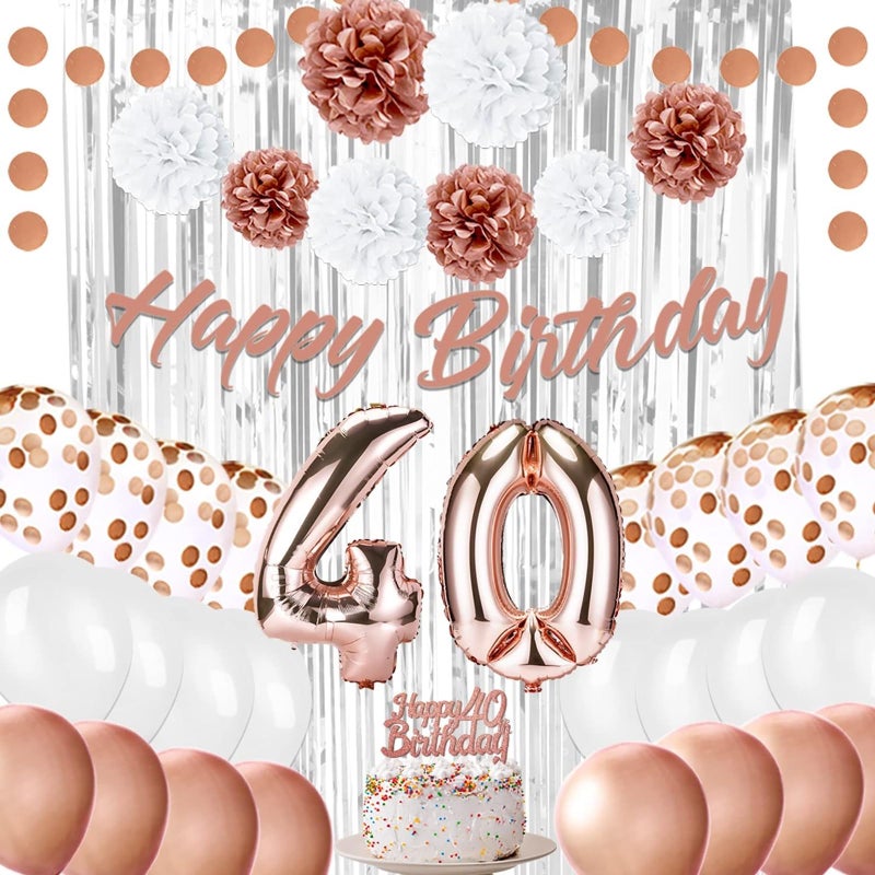 EPIQUEONE Rose Gold 40th Birthday Decoration Kit 41Piece Rose Gold Includes Happy Birthday Banner Cake Topper 40 Number Balloons Tissue Pom Poms for Bridal Baby Shower Decoration - Image 2