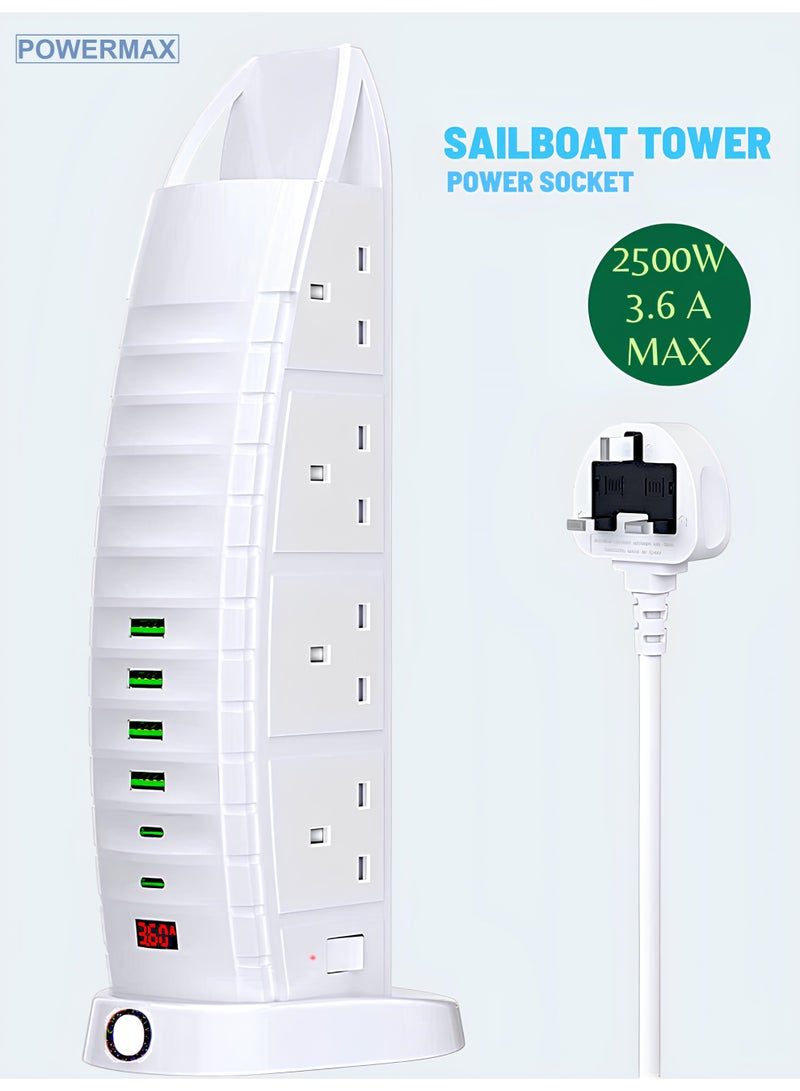 PowerMax Sailboat Tower Power Socket 2500W | 8 AC Outlets + 6 USB (2 Type-C) | 5M Extension Cord with Overload Protection - Image 1
