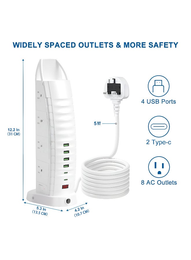 PowerMax Sailboat Tower Power Socket 2500W | 8 AC Outlets + 6 USB (2 Type-C) | 5M Extension Cord with Overload Protection - Image 4