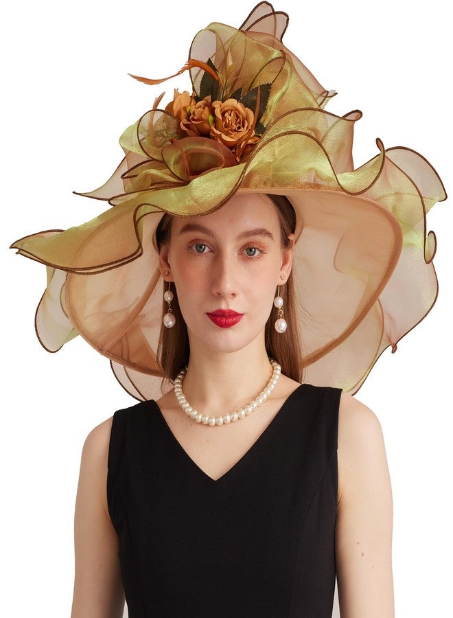 ORIDOOR Women Hats Headband Hairpin Organza Fascinator Church Hat Floral Tea Party Wedding Hat, 005 Gold, One size - Image 1