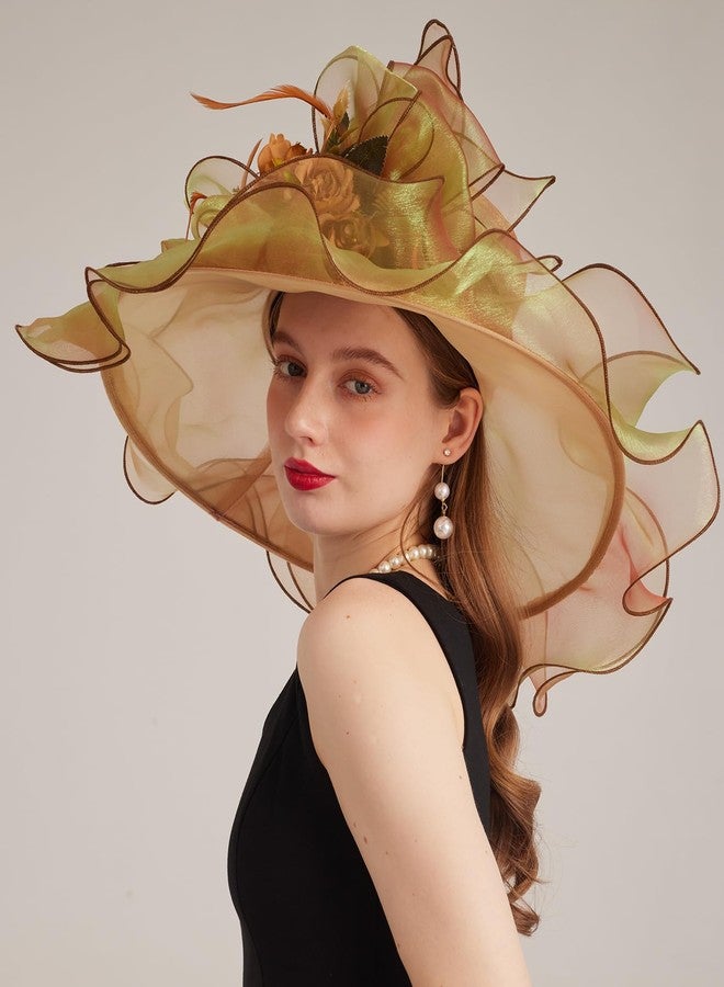 ORIDOOR Women Hats Headband Hairpin Organza Fascinator Church Hat Floral Tea Party Wedding Hat, 005 Gold, One size - Image 4
