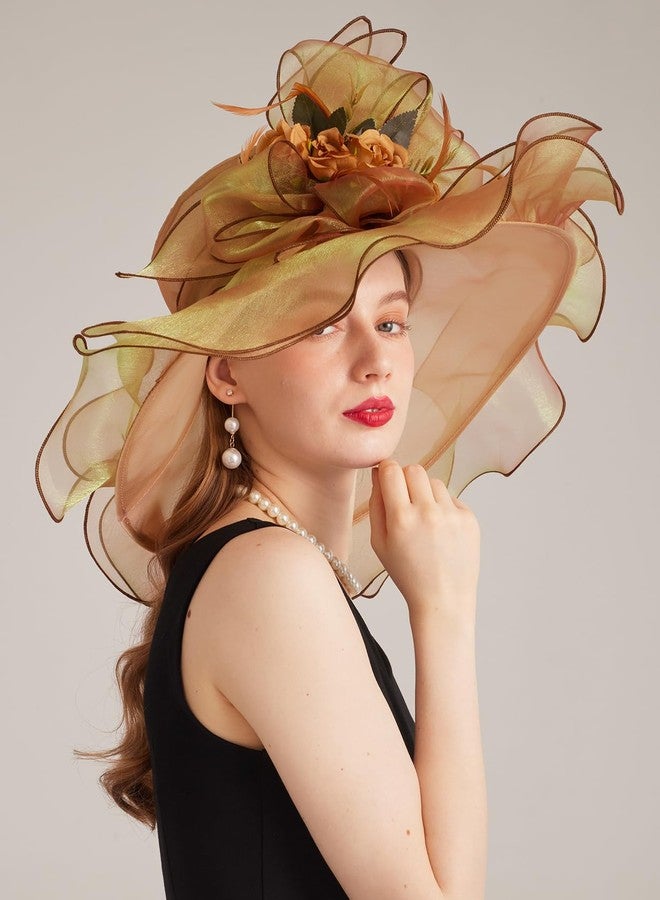 ORIDOOR Women Hats Headband Hairpin Organza Fascinator Church Hat Floral Tea Party Wedding Hat, 005 Gold, One size - Image 3
