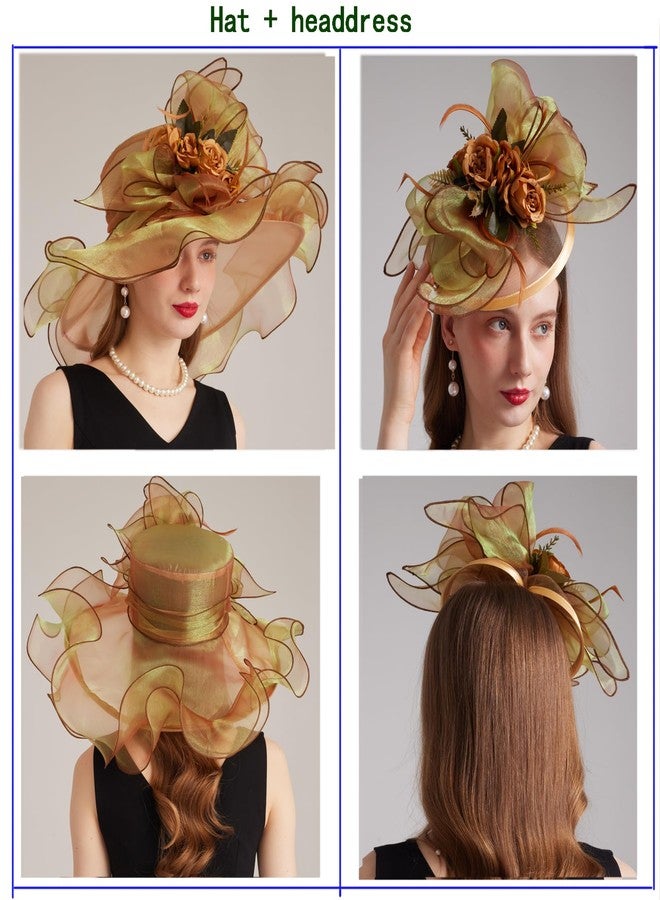 ORIDOOR Women Hats Headband Hairpin Organza Fascinator Church Hat Floral Tea Party Wedding Hat, 005 Gold, One size - Image 2