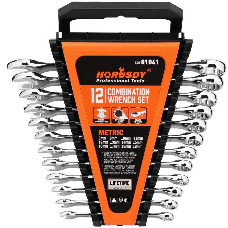 HORUSDY 12Piece Metric Wrench Set Combination Wrench Set with Organizer 12 Point 8mm 19mm Chrome Vanadium Steel
