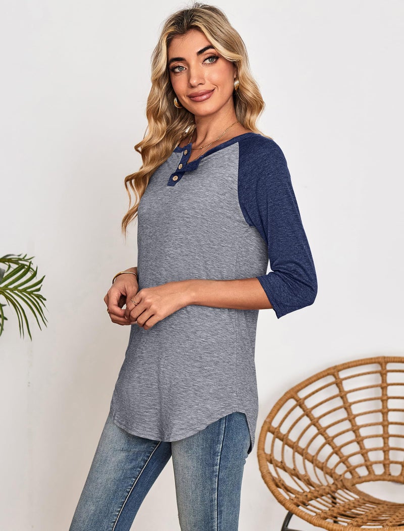 Halife 3/4 Sleeve Shirts for Women Trendy V Neck Summer Color Block Tops Loose Fit Baseball Tee Shirts Navy Blue L - Image 2