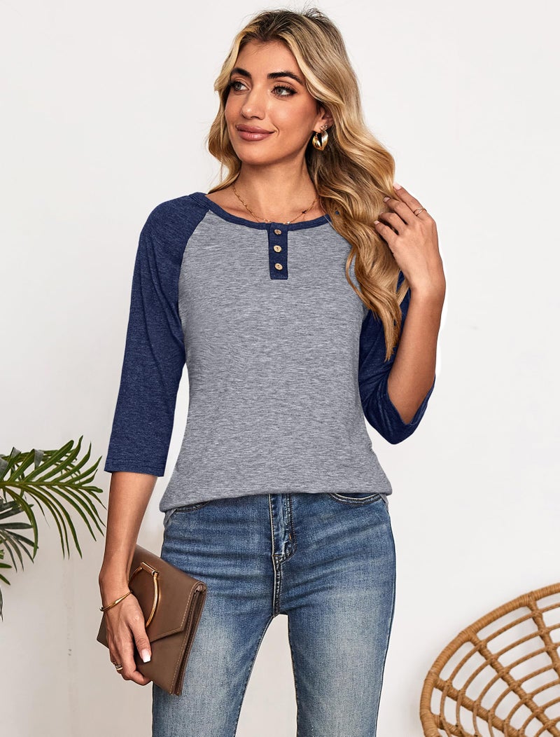 Halife 3/4 Sleeve Shirts for Women Trendy V Neck Summer Color Block Tops Loose Fit Baseball Tee Shirts Navy Blue L - Image 3