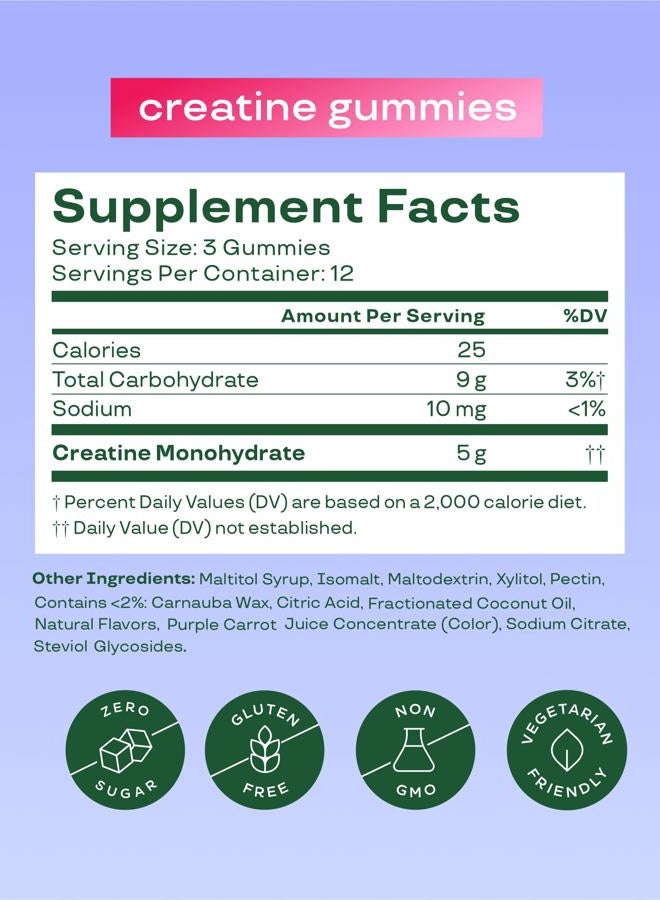 Bloom Nutrition حلوى كرياتين مونوهيدرات بلوم، 5 جرام لكل حصة، حلوى كرياتين خالية من السكر للتمرين، القوة، الصحة المعرفية ودعم العضلات النحيفة، خالية من الغلوتين وغير معدلة وراثياً، Berry Boost، 36 حلوى، 12 SVG - Image 2