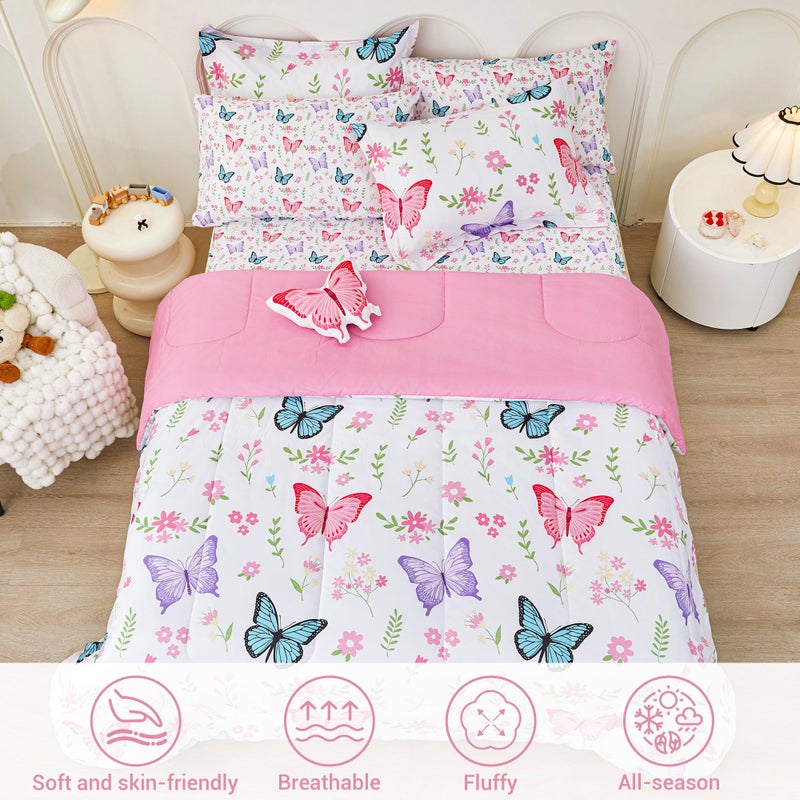Mooreeke Full Size Comforter Sets for Girls Kids, 8 Pieces Bed in a Bag Flower Butterfly Bedding Comforter Sheet Set with Shams and Decorative Toy Pillow, Ultral Soft Microfiber Kids Bed Set - Image 5