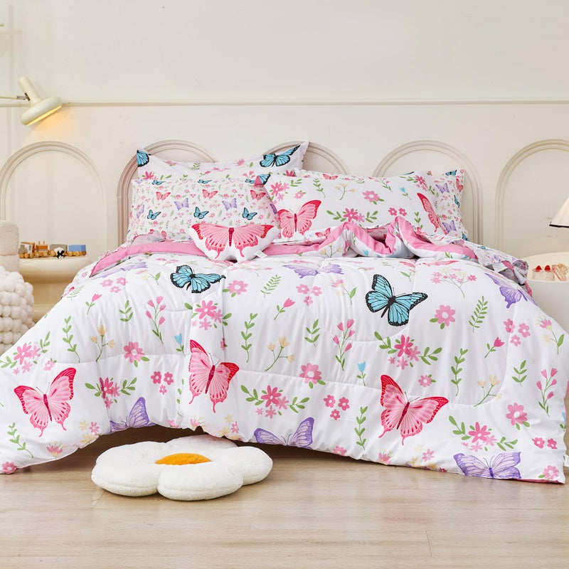 Mooreeke Full Size Comforter Sets for Girls Kids, 8 Pieces Bed in a Bag Flower Butterfly Bedding Comforter Sheet Set with Shams and Decorative Toy Pillow, Ultral Soft Microfiber Kids Bed Set - Image 1