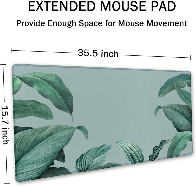 SSOIU Extended Gaming Mouse Pad - Non-Slip Water-Resistant Rubber Base Computer Keyboard Mouse Mat, 35.5 x 15.7-inch XX-Large Desk Mat, Ideal Partner for Work & Game, Foliage Tropical Leaves - Image 2