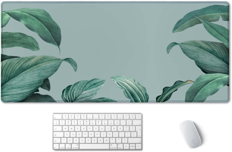 SSOIU Extended Gaming Mouse Pad - Non-Slip Water-Resistant Rubber Base Computer Keyboard Mouse Mat, 35.5 x 15.7-inch XX-Large Desk Mat, Ideal Partner for Work & Game, Foliage Tropical Leaves - Image 1
