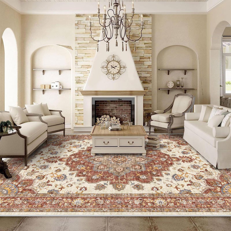 TOPRUUG Washable Oriental Area Rug - 9x12 Rugs for Living Room Soft Carpet for Bedroom Waterproof Floral Distressed Indoor Stain Resistant Non-Shedding Floor Carpets (Red, 9x12) - Image 1