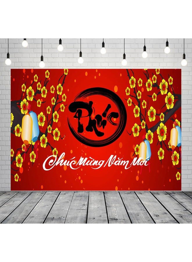 CORFOTO 7x5ft Fabric Vietnamese New Year Backdrop Happy Vietnamese New Year Backdrop Cherry Blossoms Red Lunar New Year Background Asian Festival Photo Booth Props - Image 3