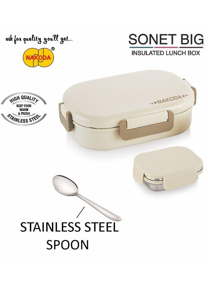 NAKODA SONET 650ML Insulated Stainless Steel School Lunch Box with Spoon and Inner Stainless Steel Container 150ML Beige  - Image 2