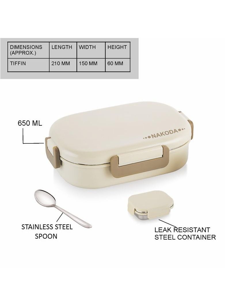 NAKODA SONET 650ML Insulated Stainless Steel School Lunch Box with Spoon and Inner Stainless Steel Container 150ML Beige  - Image 3