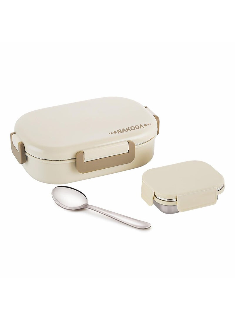 NAKODA SONET 650ML Insulated Stainless Steel School Lunch Box with Spoon and Inner Stainless Steel Container 150ML Beige  - Image 1