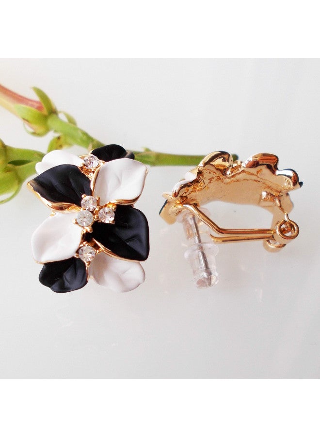 Navachi 18k Gold Plated White Crystal White Black Enamel Leaves Flower Az1141 Omega Back Earrings - Image 4
