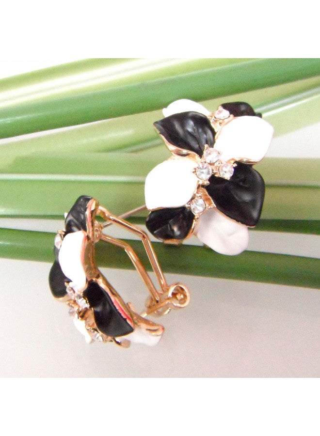 Navachi 18k Gold Plated White Crystal White Black Enamel Leaves Flower Az1141 Omega Back Earrings - Image 2