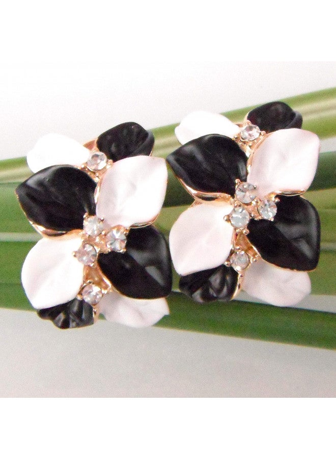 Navachi 18k Gold Plated White Crystal White Black Enamel Leaves Flower Az1141 Omega Back Earrings - Image 3