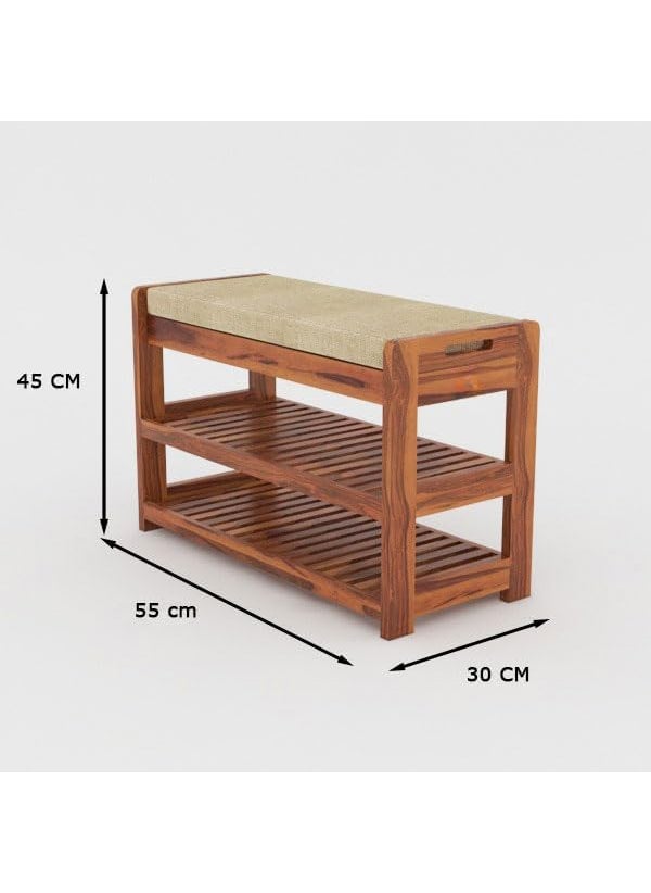 Furnelift Furnelift Wooden Shoe Rack for Home Sheesham Wood Entryway Seating Bench with Cushion Storage Shelf for Shoe Organiser Teak Finish  - Image 2