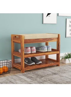 Furnelift Furnelift Wooden Shoe Rack for Home Sheesham Wood Entryway Seating Bench with Cushion Storage Shelf for Shoe Organiser Teak Finish  - Image 1