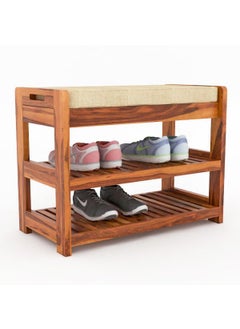 Furnelift Furnelift Wooden Shoe Rack for Home Sheesham Wood Entryway Seating Bench with Cushion Storage Shelf for Shoe Organiser Teak Finish  - Image 3