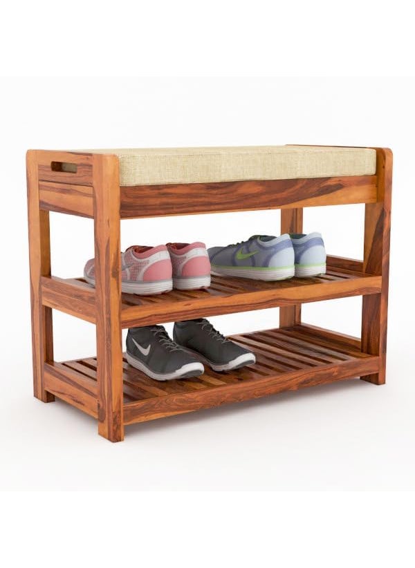 Furnelift Furnelift Wooden Shoe Rack for Home Sheesham Wood Entryway Seating Bench with Cushion Storage Shelf for Shoe Organiser Teak Finish  - Image 3