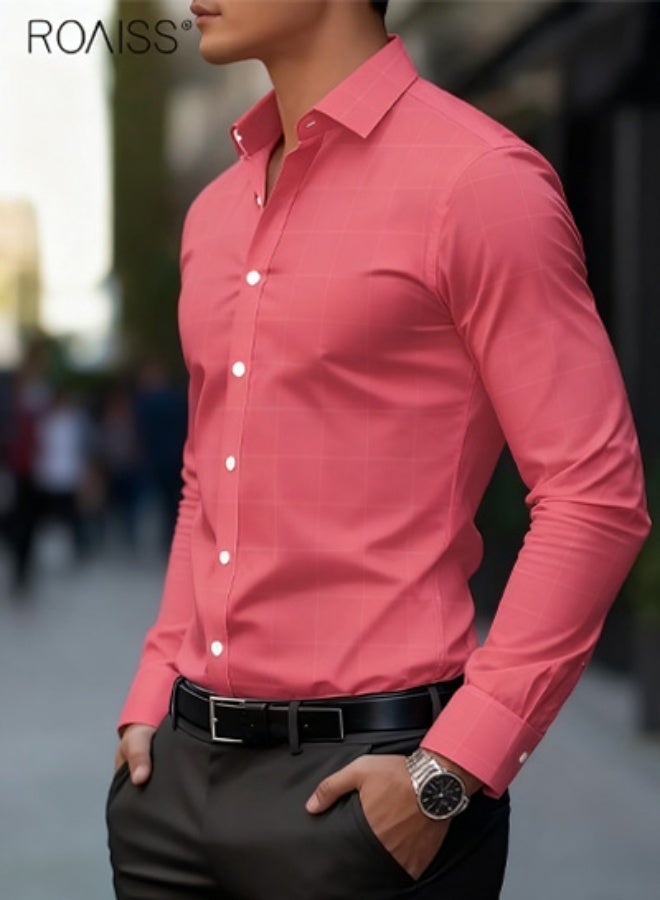roaiss Men's Pink Checkered Button-Up Shirt Casual Long Sleeve Design with Checkered Pattern for Spring and Fall, Durable Formal Shirt Perfect for Office and Casual Attire Top - Image 2