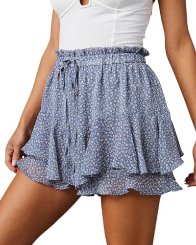 Aoudery Flowy Shorts for Women Casual Boho Floral Skorts Ruffle Mini Skirts Running Tennis Butterfly Chiffon Shorts- Floral Blue M - Image 1
