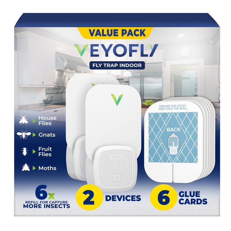 VEYOFLY Fly Trap Indoor, Fruit Fly Traps for Indoors Flying Insect (2 Device + 6 Refills) Gnat Traps for House Indoor, Bug Zapper Indoor, Gnat Killer Catcher & Fruit Fly Killer Light Plug in - Image 1