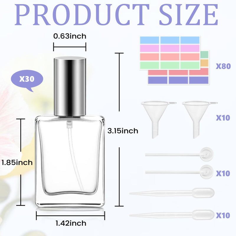 Easytle 30 Pack 15 ML Glass Perfume Bottles Clear Portable Perfume Spray Bottle Empty Perfume Container Travel Refillable Mini Fine Mist Sprayer Atomizer (80 Pcs Labels, 10 Funnels, 10 Dropper, 10 Dispenser) - Image 2