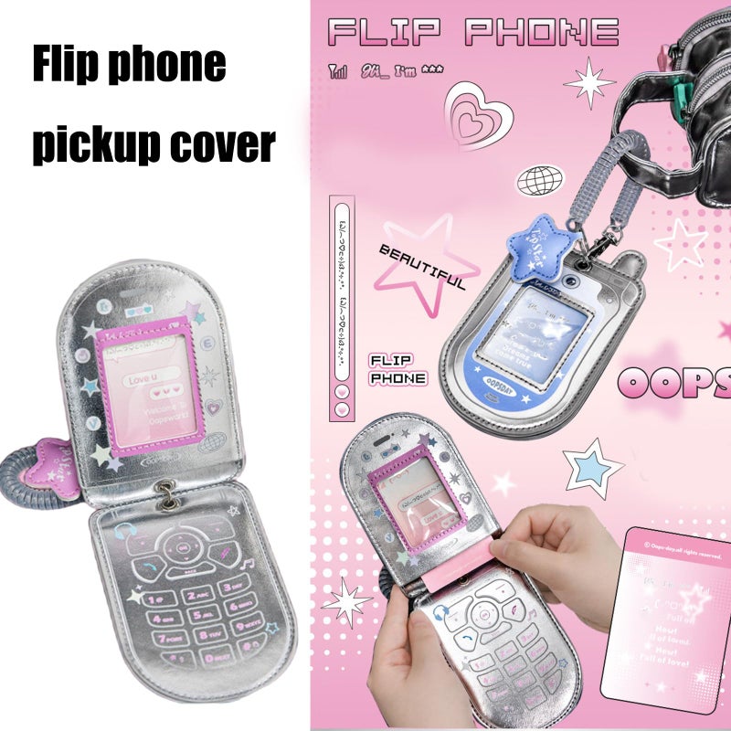HUANGENG Flip Phone Shaped Photocard Holder, Cartoon Photo Card Protective Sleeve Waterproof Leather Card Case, Hold 2-3 Cards - Image 2