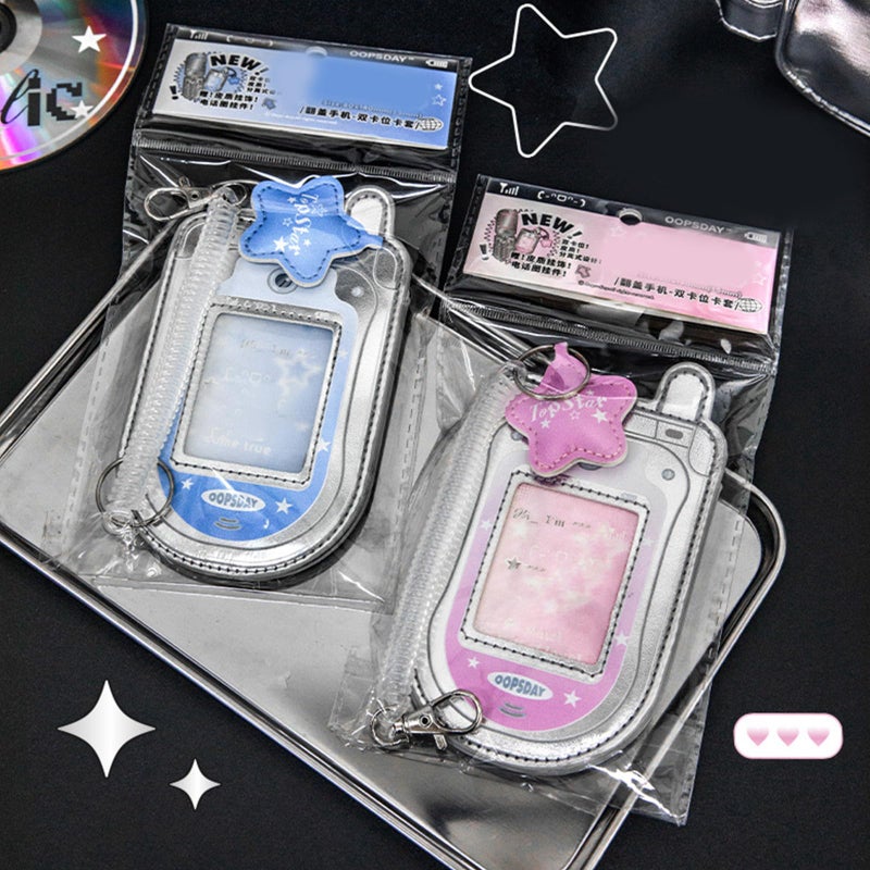 HUANGENG Flip Phone Shaped Photocard Holder, Cartoon Photo Card Protective Sleeve Waterproof Leather Card Case, Hold 2-3 Cards - Image 5