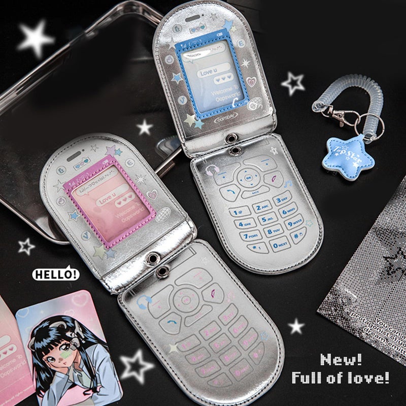 HUANGENG Flip Phone Shaped Photocard Holder, Cartoon Photo Card Protective Sleeve Waterproof Leather Card Case, Hold 2-3 Cards - Image 3