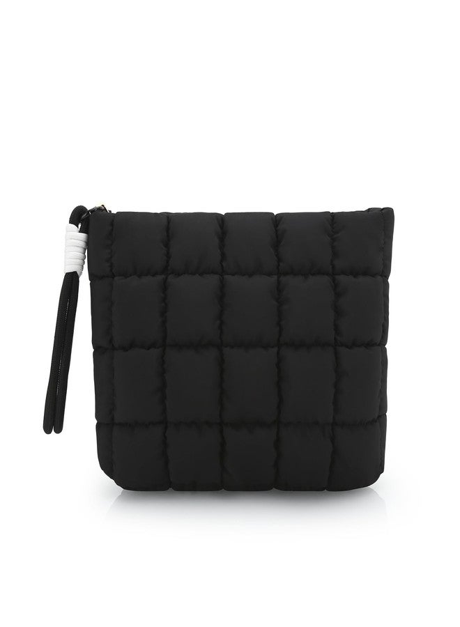 DOB SECHS Puffer Quilted Makeup Bag with Handle Detachable Women Cute Puffy Cotton Cosmetic Bag, Small Toiletry Zipper Make Up Pouch Purse, Checkered Storage Organizer Clutch Bag Travel Case, Black - Image 1