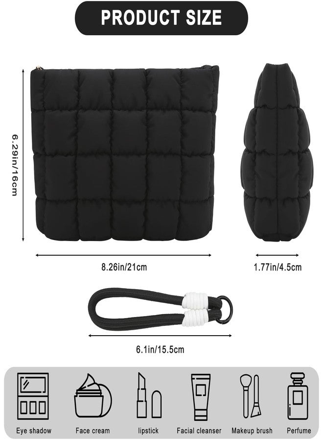 DOB SECHS Puffer Quilted Makeup Bag with Handle Detachable Women Cute Puffy Cotton Cosmetic Bag, Small Toiletry Zipper Make Up Pouch Purse, Checkered Storage Organizer Clutch Bag Travel Case, Black - Image 3