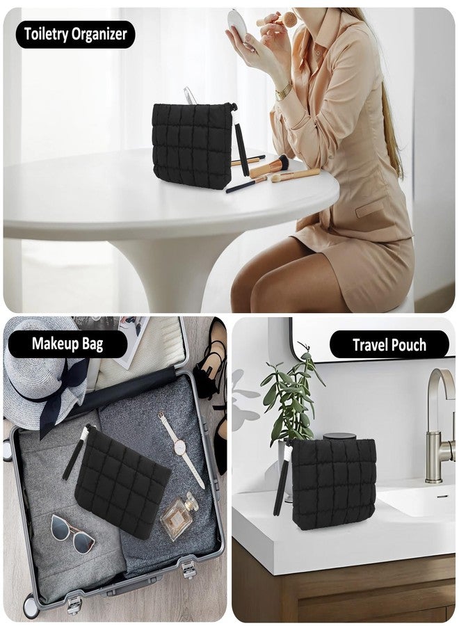 DOB SECHS Puffer Quilted Makeup Bag with Handle Detachable Women Cute Puffy Cotton Cosmetic Bag, Small Toiletry Zipper Make Up Pouch Purse, Checkered Storage Organizer Clutch Bag Travel Case, Black - Image 2