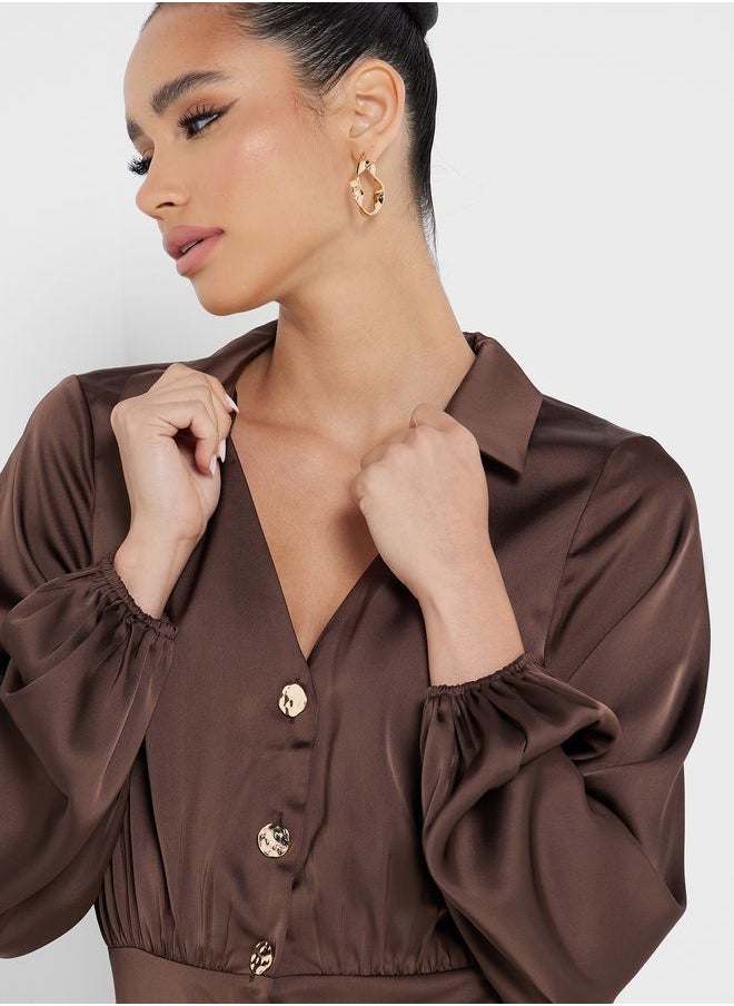 Little Mistress - Puff Sleeve Button Down Dress - Image 1