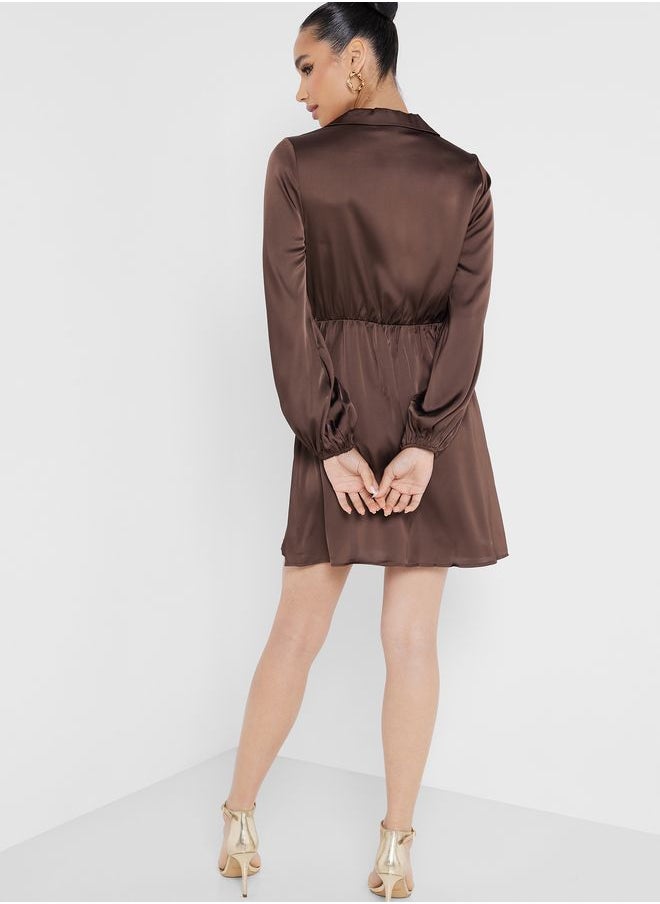 Little Mistress - Puff Sleeve Button Down Dress - Image 1