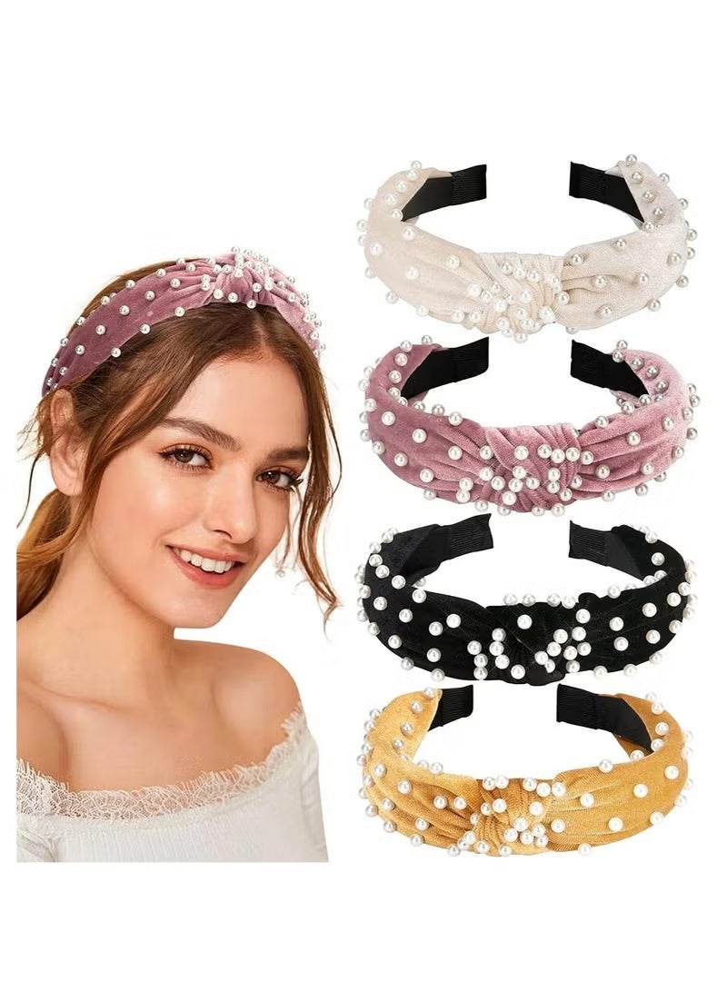 مجموعة 4قطع من أطواق الشعر بألوان زاهية ومتنوعة ، أطواق شعر مرنة ومزينه بحبات اللؤلؤ الصناعي، إكسسوارات شعر أنيقة - Image 1