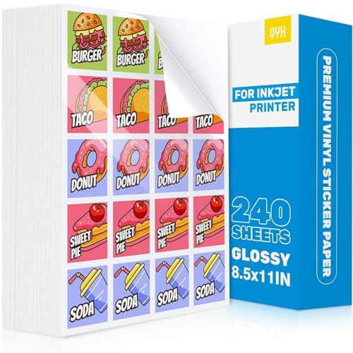 QYH Printable Vinyl Sticker Paper for Printer, 240 Sheets White Waterproof, Glossy Bulk Sticker Paper for Small Business, Compatible with Cricut & Inkjet/Laser Printers - 8.5x11 - Image 1